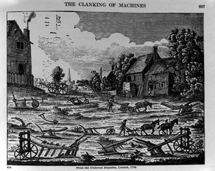 Types of early English ploughs, illustration from The Universal Magazine, 1748, from The Pageant of America, Vol.3, by Ralph Henry Gabriel, 1926